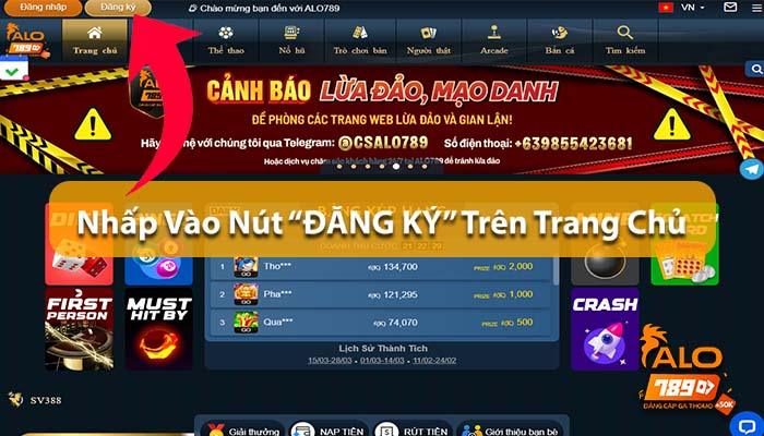Nhấp vào nút Đăng Ký trên trang chủ ALO789